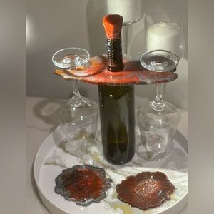 Handmade Elegant 4 piece Red Wine Caddy and coaster Set